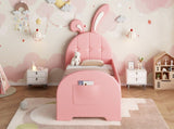 3ft Single Rabbit-Shaped Upholstered Bed Frame, Bunny Ear Headboard & Footboard Storage Pocket, Soft N652P412013P