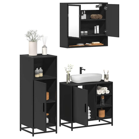 ZNTS 3 Piece Bathroom Furniture Set Black Engineered Wood 3300995