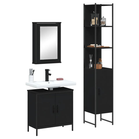 ZNTS 3 Piece Bathroom Furniture Set Black Engineered Wood 3214800