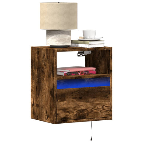 ZNTS Wall-mounted Bedside Cabinet with LED Lights Smoked Oak 3307983