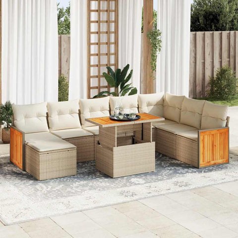 ZNTS 7 Piece Garden Sofa Set with Cushions Beige Poly Rattan Acacia 3327747