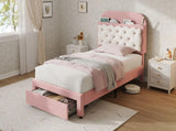 3ft Single Velvet Upholstered Bed Frame, Adjustable Cookie Shaped Storage Headboard with Storage N652P420241P