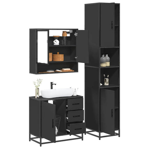 ZNTS 3 Piece Bathroom Furniture Set Black Engineered Wood 3301105