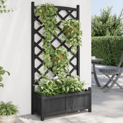 Planter with Trellis Black Solid Wood Fir 365490