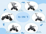 6 in 1 Kids Trike Push Bike w/ Push Handle, Canopy, 5-point Safety Belt, Storage, Footrest, Brake, T3398P348141