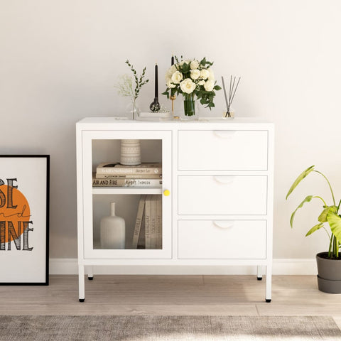 Sideboard White 75x35x70 cm Steel and Tempered Glass 336074