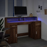 Desk with LED Lights Brown Oak 140x55x91 cm Engineered Wood 3309426