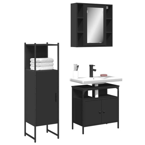 ZNTS 3 Piece Bathroom Cabinet Set Black Engineered Wood 3214755