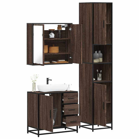 ZNTS 3 Piece Bathroom Furniture Set Brown Oak Engineered Wood 3301079