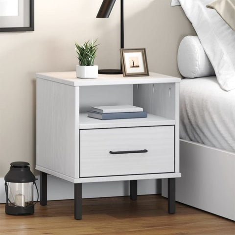 ZNTS Bedside Cabinet with Metal Legs White Solid Wood Pine OSLO 350972