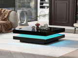 Black Square High Gloss Coffee Table with 360&deg Rotating Top, Tea Table with LED light, 70x70x36 WF324655BAA