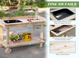 Garden Potting Bench Table, Wooden Work Station, Outdoor Planting Workbench with 2 Wheels, Sink, T3398P315858