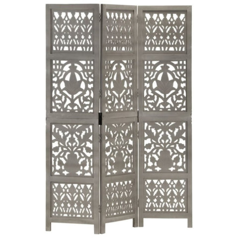 Hand Carved 3-Panel Room Divider Grey 120x165 cm Solid Mango Wood 285332
