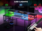 LED Computer Desk, with Power Outlets and Shelves - Black T3398P343176