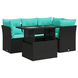 5 Piece Garden Sofa Set with Cushions Black Poly Rattan Acacia 3326148