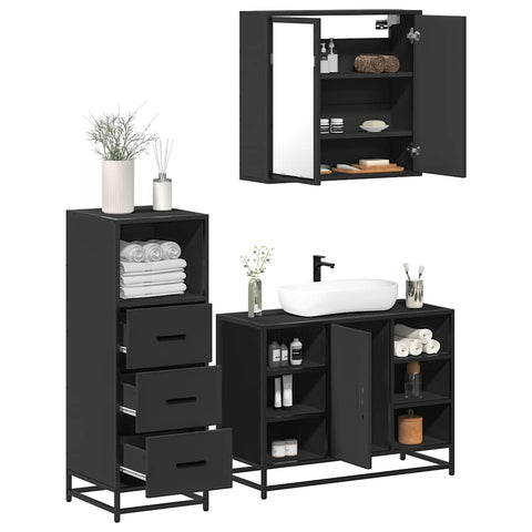 ZNTS 3 Piece Bathroom Furniture Set Black Engineered Wood 3301030