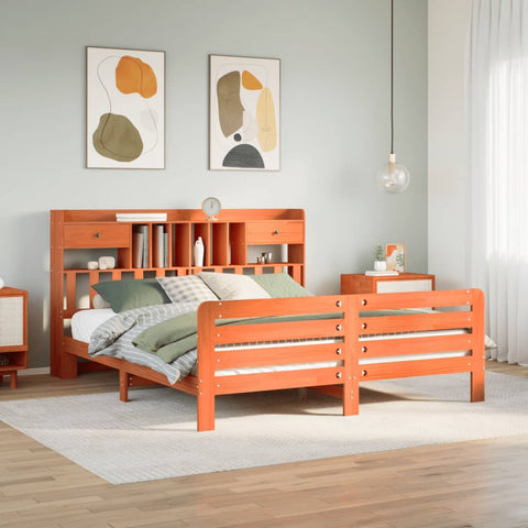 ZNTS Bookcase Bed without Mattress Wax Brown 200x200 cm Solid Wood Pine 3309976