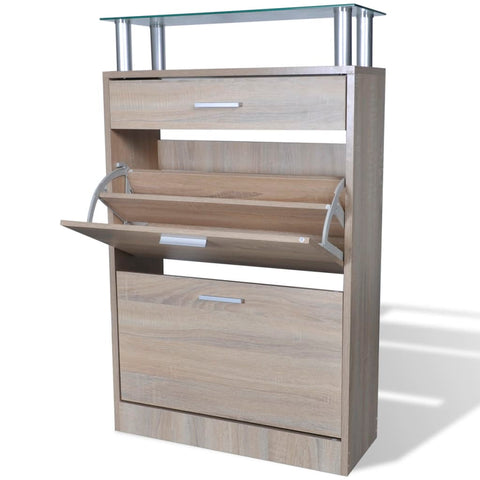 Shoe Cabinet with a Drawer and a Top Glass Shelf Wood Oak Look 241245
