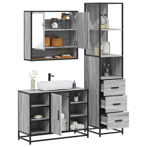 ZNTS 3 Piece Bathroom Furniture Set Grey Sonoma Engineered Wood 3301183