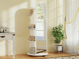 2-in-1 Full Length Mirror with Storage Shelves, Floor Mirror with 4 Wheels, Coat Rack, Hooks, White T3398P548078