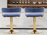 2pcs Blue Corduroy Swivel Bar Stools with Gold Plated Trumpet Base and Height Adjustable Gas Lift 52678700