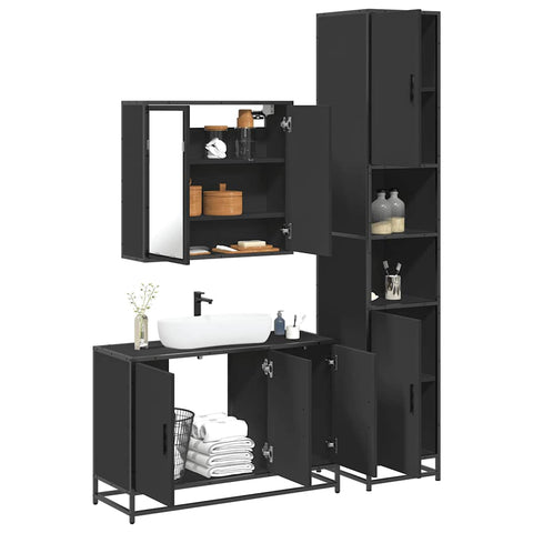 ZNTS 3 Piece Bathroom Furniture Set Black Engineered Wood 3301070