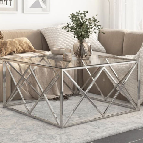 ZNTS Coffee Table Silver Stainless Steel and Tempered Glass 349977