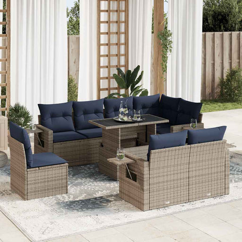 9 Piece Garden Sofa Set with Cushions Grey Poly Rattan 3326502