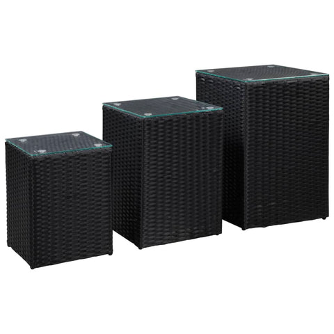 Side Tables 3 pcs with Glass Top Black Poly Rattan 46984