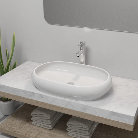 Bathroom Basin with Mixer Tap Ceramic Oval White 275496