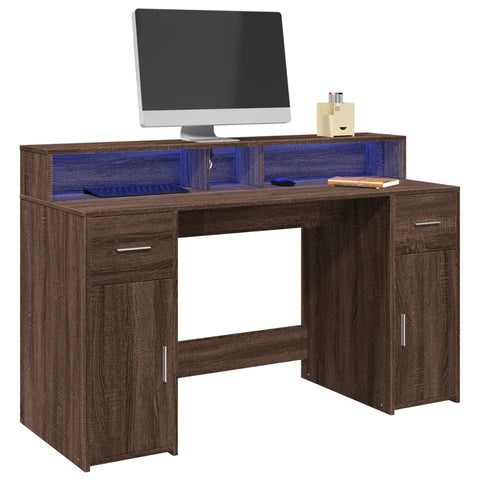 Desk with LED Lights Brown Oak 140x55x91 cm Engineered Wood 3309426