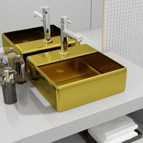 Wash Basin with Faucet Hole 38x30x11.5 cm Ceramic Gold 143488