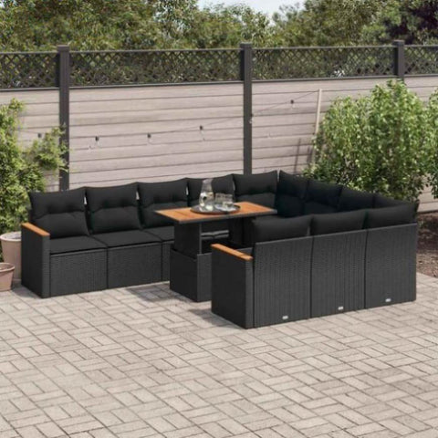 ZNTS 11 Piece Garden Sofa Set with Cushions Black Poly Rattan Acacia 3327534