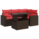 5 Piece Garden Sofa Set with Cushions Brown Poly Rattan Acacia 3326315