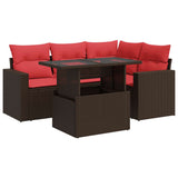 5 Piece Garden Sofa Set with Cushions Brown Poly Rattan Acacia 3326315
