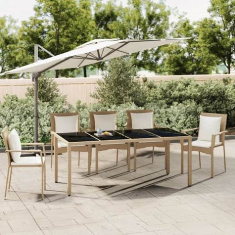 Garden Table with Glass Top Beige Poly Rattan&Tempered Glass 319556