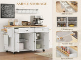 Rolling Kitchen Island Storage Trolley with Rubber Wood Top & Drawers for Dining Room, Cream White T3398P328327