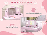 Kids Dressing Table Sets with Stool and Tri-Fold Mirror, Drawer for Playroom, Bedroom - Pink T3398P422147