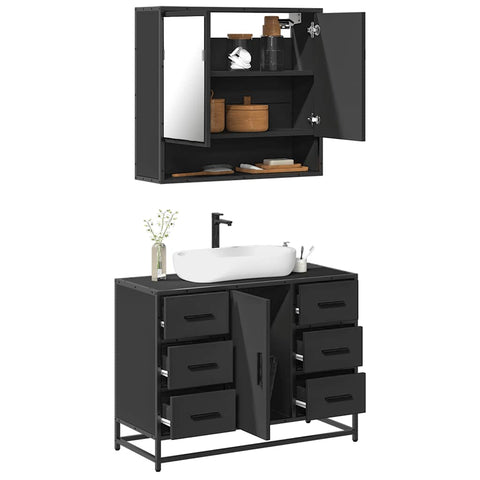 ZNTS 2 Piece Bathroom Furniture Set Black Engineered Wood 3300930