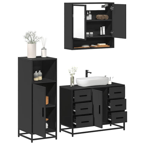 ZNTS 3 Piece Bathroom Furniture Set Black Engineered Wood 3300990