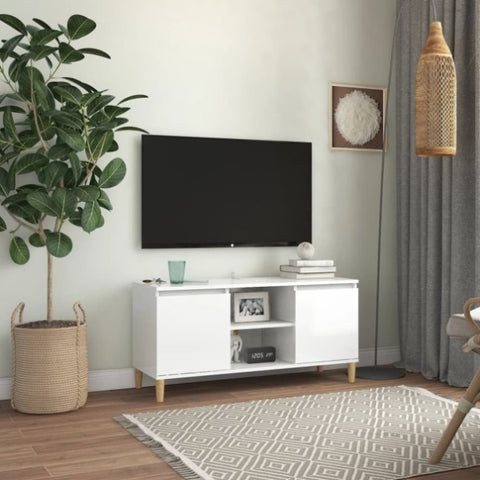 TV Cabinet & Solid Wood Legs High Gloss White 103.5x35x50 cm 805965