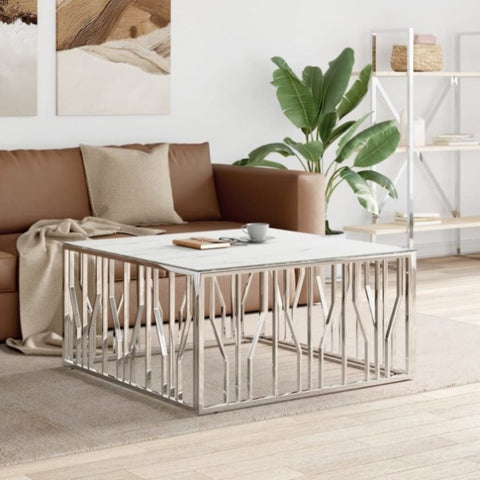 ZNTS Coffee Table Silver 100x100x50 cm Stainless Steel and Glass 350067