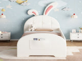 3ft Single Rabbit-Shaped Upholstered Bed Frame, Bunny Ear Headboard & Footboard Storage Pocket, Soft N652P412013W