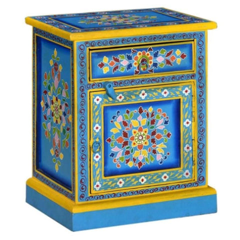 ZNTS Bedside Cabinet Solid Mango Wood Turquoise Hand Painted 244834