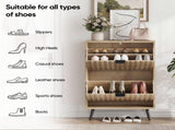 60cm-wide freestanding shoe cabinet featuring a natural oak wood grain finish and Mid-Century Modern W6296P537659