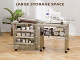 Folding Sewing Table, Drop Leaf Craft Table with Storage Bins, Open Shelf and Wheels, Rolling Sewing T3398P344848