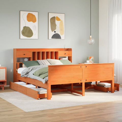 ZNTS Bookcase Bed without Mattress Wax Brown 200x200cm Solid Wood Pine 3308911