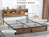 Industrial King Bed Frame, 5.2FT Steel Bed Base with Storage Headboard, Footboard, Slatted Support T3398P423094