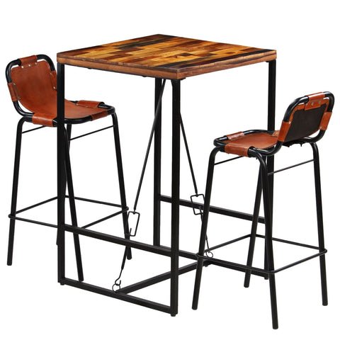 Bar Set 3 Pieces Solid Reclaimed Wood and Genuine Goat Leather 246286