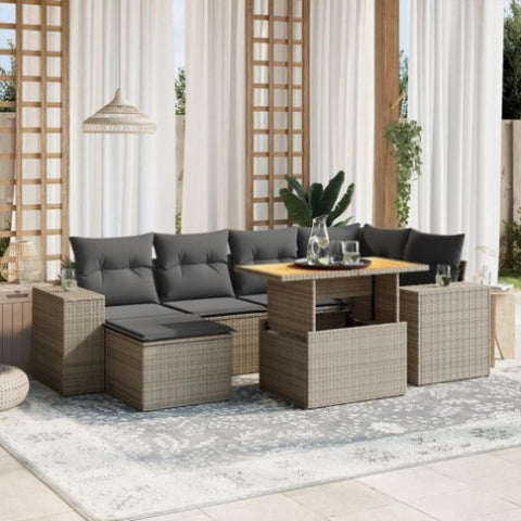 ZNTS 7 Piece Garden Sofa Set with Cushions Grey Poly Rattan 3272740